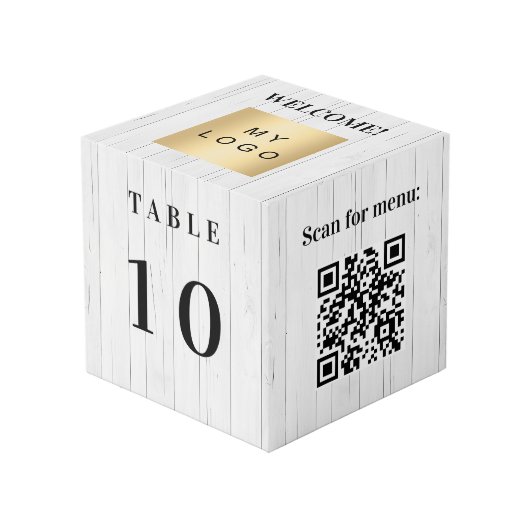 Tafelnummer QR code menu hout bedrijf logo Kubus (Voorkant hoekig)