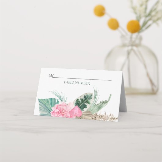Tafelnummer Roze Flamingo Tropische bloemen Plaatskaartje (Voorkant)