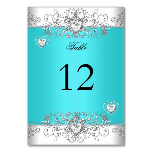 Tafelnummer Teal Blauwe Huwelijk Zilver Diamant (Voorkant)