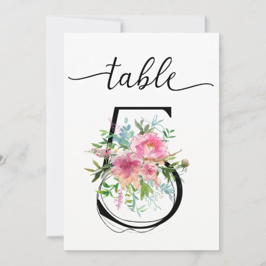 Tafelnummer vijf met roze pioenrozen tafelnummer (Voorkant)