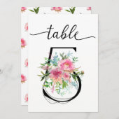 Tafelnummer vijf met roze pioenrozen tafelnummer (Voorkant / Achterkant)