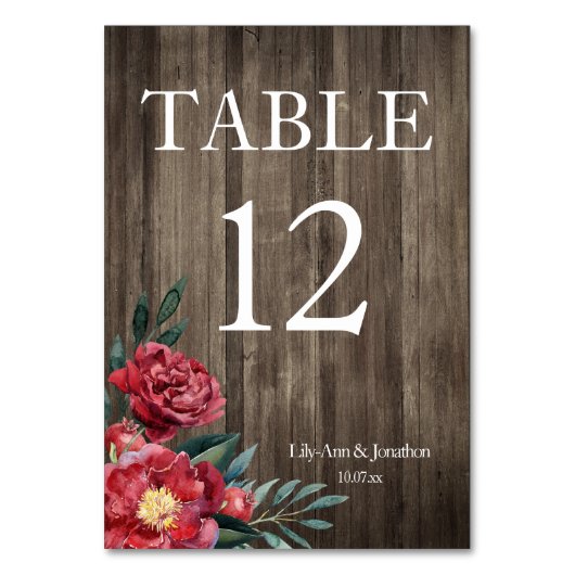 Tafelnummer voor Burgundy Bloemrijke Rustieke Hout (Voorkant)