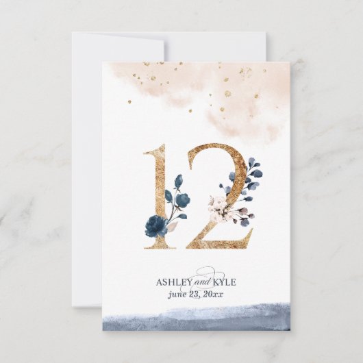 Tafelnummer voor een bruiloft in navy, blush en go (Voorkant)