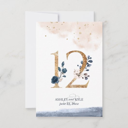 Tafelnummer voor een bruiloft in navy, blush en go (Achterkant)