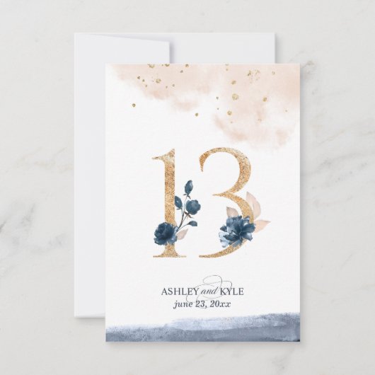 Tafelnummer voor een bruiloft in navy, blush en go (Achterkant)