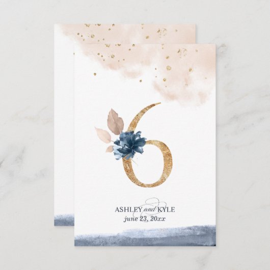 Tafelnummer voor een bruiloft in navy, blush en go (Voorkant / Achterkant)