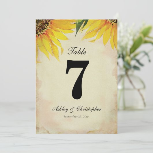 Tafelnummer voor een rustieke zonnebloem-huwelijks (Staand voorkant)