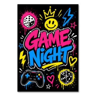 Tafelnummer voor spelavond met felle neon graffiti