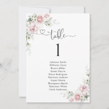 Tafelnummer zitplaatsenkaart met roze rozen
