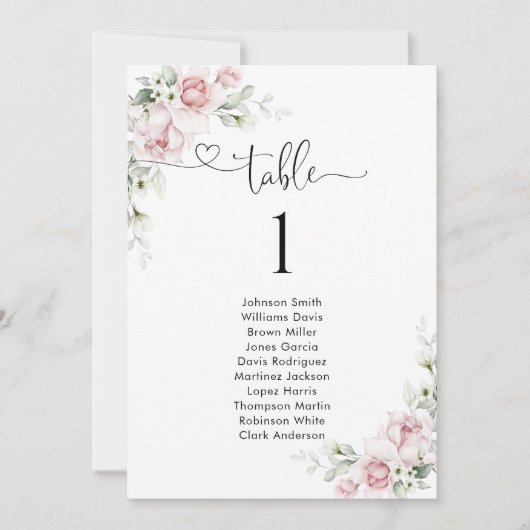 Tafelnummer zitplaatsenkaart met roze rozen (Voorkant)