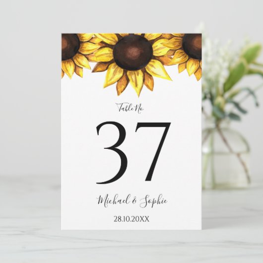 Tafelnummer Zonnebloem Huwelijk Wit Gele Kaart (Staand voorkant)
