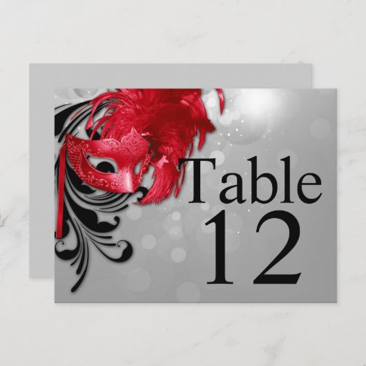 Tafelnummerkaart rood op Silver Masquerade Briefkaart (Voorkant / Achterkant)