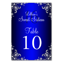 Tafelnummerkaart Royal Blue Sweet 16 Silver Pearl Kaart