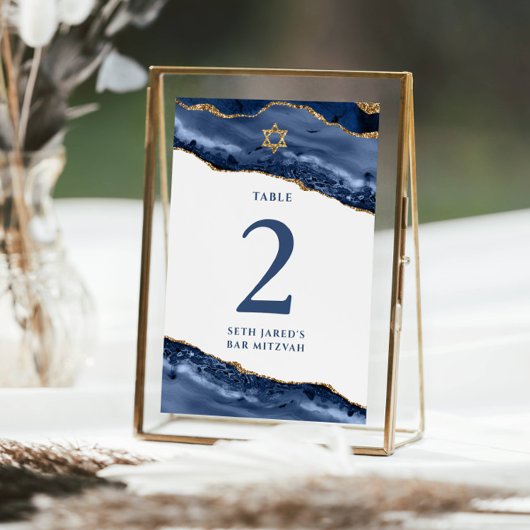 Tafelnummerkaart van Navy Blue en Goud Agate