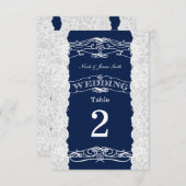 Tafelnummerkaarten voor trouwfeest met blauwe en w kaart (Voorkant / Achterkant)