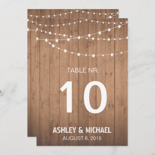 Tafelnummers met houtnerf en slingerlichtjes (Voorkant / Achterkant)