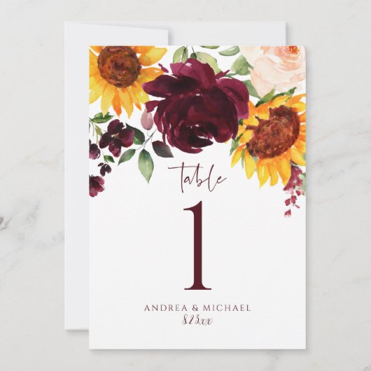 Tafelnummers Zonnebloem Rozen Burgundy Red Weddens (Achterkant)