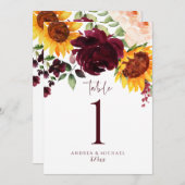 Tafelnummers Zonnebloem Rozen Burgundy Red Weddens (Voorkant / Achterkant)