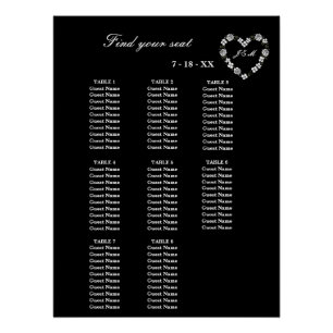 Tafelplan zwart-witte bruiloft 8 tafels perfect poster