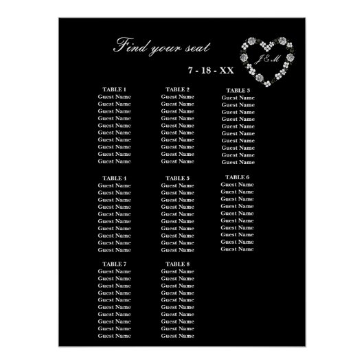 Tafelplan zwart-witte bruiloft 8 tafels perfect poster (Voorkant)