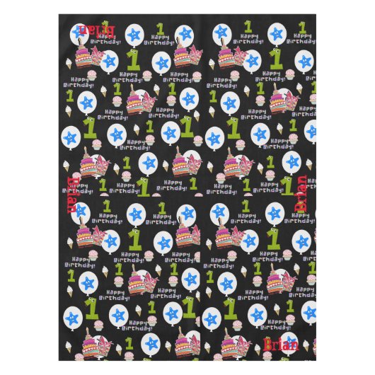 Tafelstof, Happy First Birthday, #1 Black Tafelkleed (Voorkant)