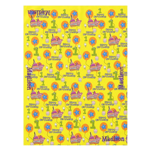 Tafelstof, Happy First Birthday, #1 Yellow Tafelkleed (Voorkant)