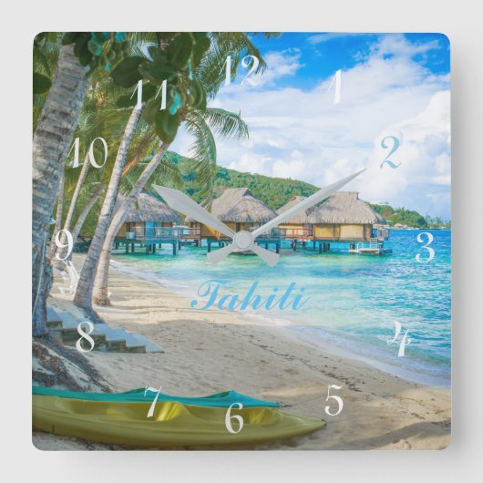 TAHITI CLOCK.  BEAUTIFUL TAHITI PARADISE BEACH VIERKANTE KLOK (Voorkant)