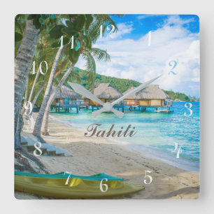 TAHITI CLOCK.  BEAUTIFUL TAHITI PARADISE BEACH VIERKANTE KLOK