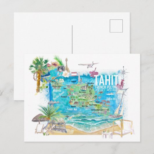 Tahiti Illustreerde reiskaart met wegen Briefkaart (Voorkant / Achterkant)