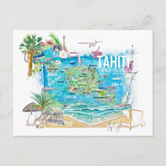 Tahiti Illustreerde reiskaart met wegen Briefkaart (Voorkant)