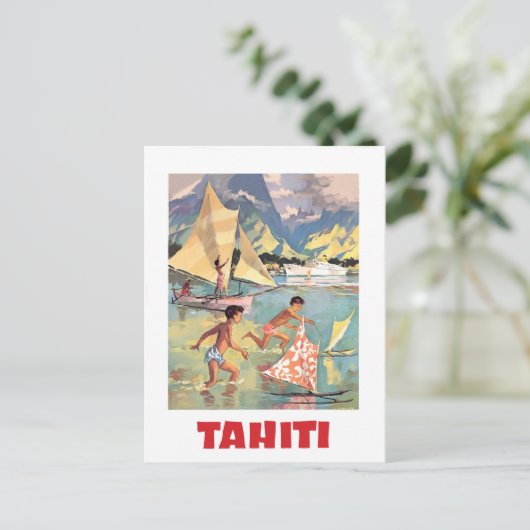 Tahiti, kinderen spelen met bootspeelgoed in water briefkaart (Staand voorkant)