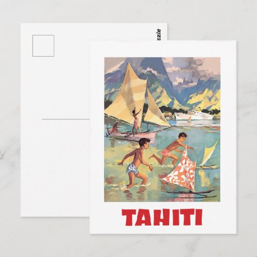 Tahiti, kinderen spelen met bootspeelgoed in water briefkaart (Voorkant / Achterkant)