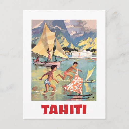 Tahiti, kinderen spelen met bootspeelgoed in water briefkaart (Voorkant)
