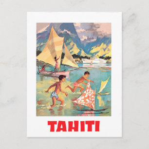 Tahiti, kinderen spelen met boten in het water briefkaart