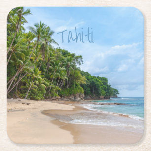 Tahiti Sand Beach Blue Sky Palm Trees Kartonnen Onderzetters