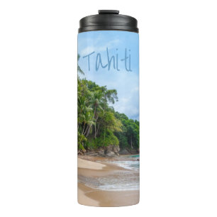 Tahiti Sand Beach Blue Sky Palm Trees Thermosbeker