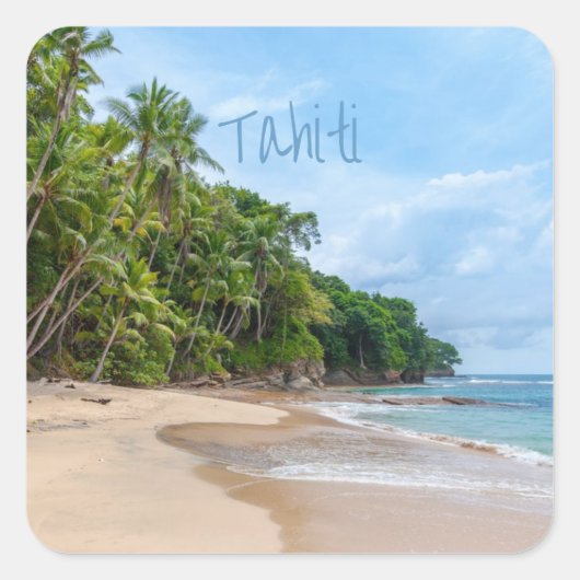 Tahiti Sand Beach Blue Sky Palm Trees Vierkante Sticker (Voorkant)