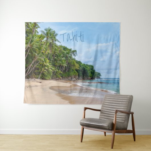 Tahiti Sand Beach Blue Sky Palm Trees Wandkleed (In Situ (horizontaal))