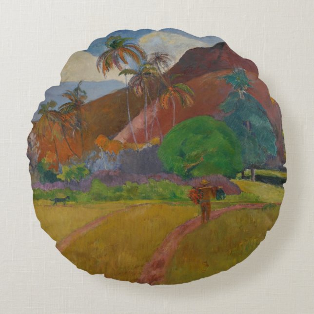 Tahitian Landscape, 1891 (olie op doek) Rond Kussen (Voorkant)