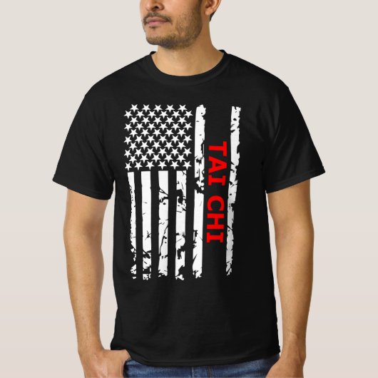 Tai Chi Cool zwart-wit Amerikaanse vlag T-shirt (Voorkant)