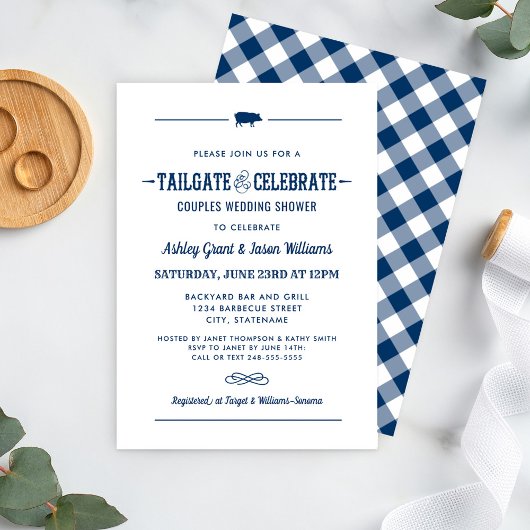 Tailgate en Celebrate Navy Blue Wedding Shower Kaart