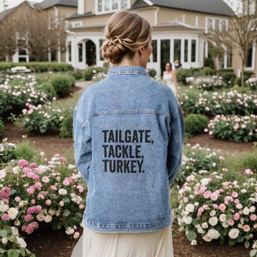 Tailgate Tackle Turkije Grappige Thanksgiving Foot Denim Jacket (Huwelijk Achterkant)