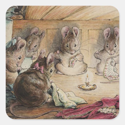 Tailor Mice Sewing a Waistcoat Beatrix Potter 1902 Vierkante Sticker (Voorkant)