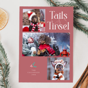 Tails & Tinsel Hondenfoto Roze Kerstmis Feestdagenkaart