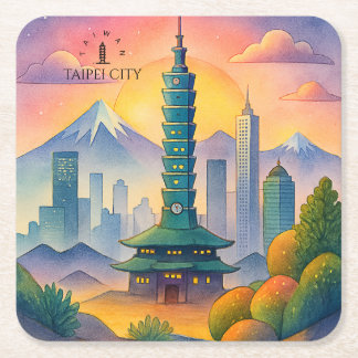 Taipei City Taiwan Skyline Watercolor Kartonnen Onderzetters