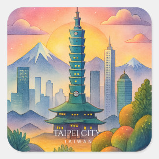 Taipei City Taiwan Skyline Watercolor Vierkante Sticker