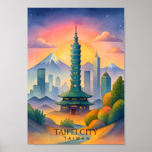 Taipei Stad Taiwan Silhouette Waterverf Poster