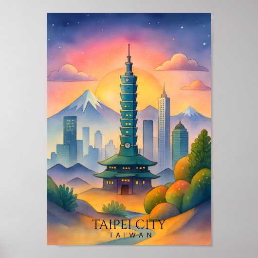 Taipei Stad Taiwan Silhouette Waterverf Poster (Voorkant)