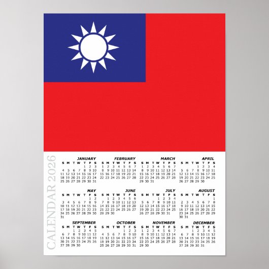 Taiwan 2026 Calendar, Large, Taiwanese Flag Poster (Voorkant)