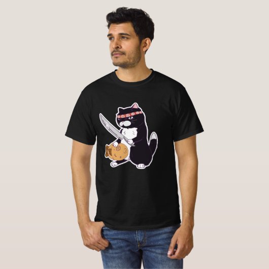 Taiyaki Samurai Kat met Vis, Sushi Kat T-shirt (Voorkant volledig)